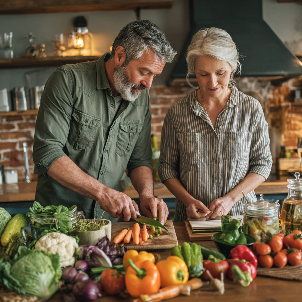 Middle-aged adults organizing healthy meal ingredients and planning nutrition