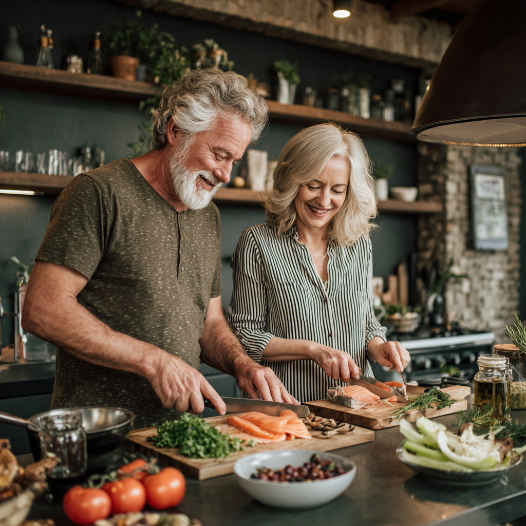 Middle-aged adults preparing nutritious meal together in modern kitchen